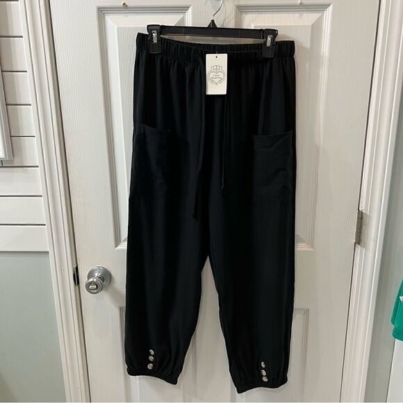 Black Pocket-Tie Waist, button accent lightweight cotton blend pants size L nwt - Picture 4 of 13